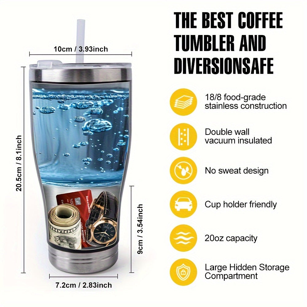 Stainless Steel Tumbler with Hidden Compartment, Metal Safe Mug for Cash, License, Credit Cards, Keys, Waterproof, No Power Required, Home Security Accessory
